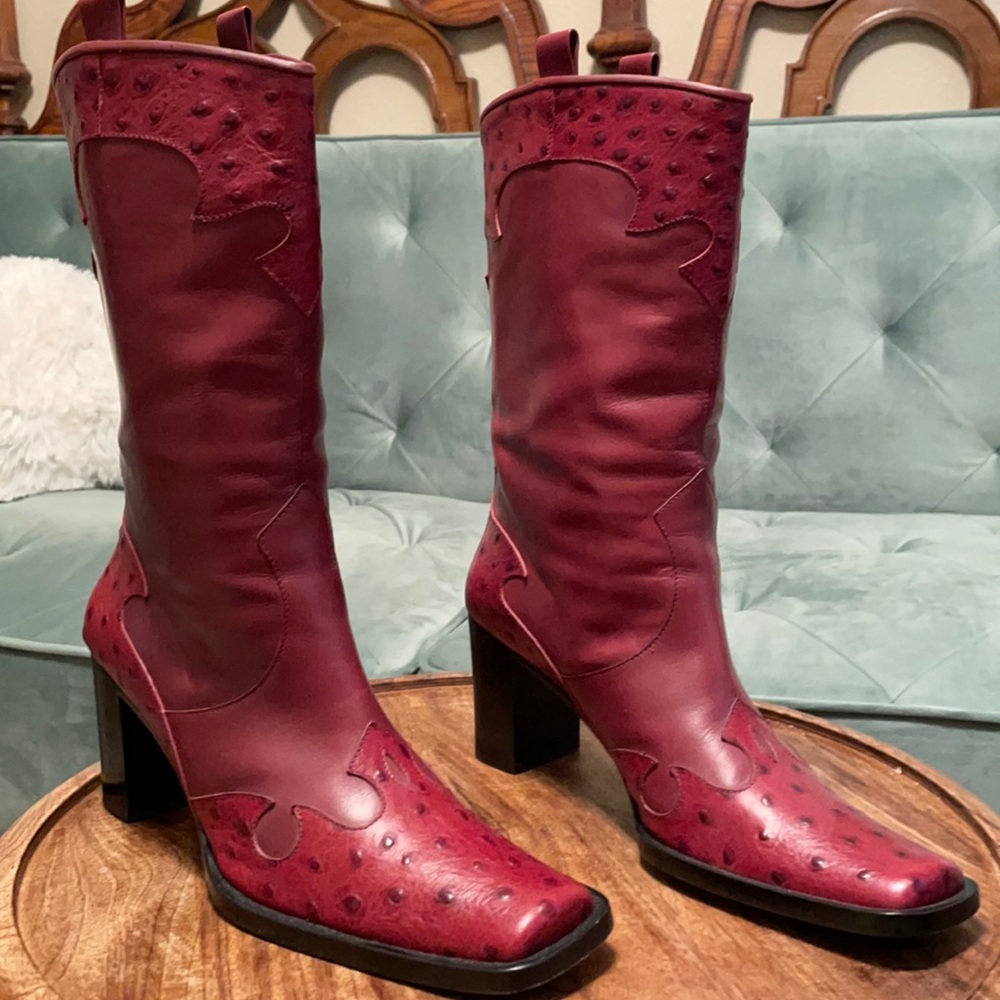 Via Spiga burgundy mid shaft ostrich and lamb skin boot 8M